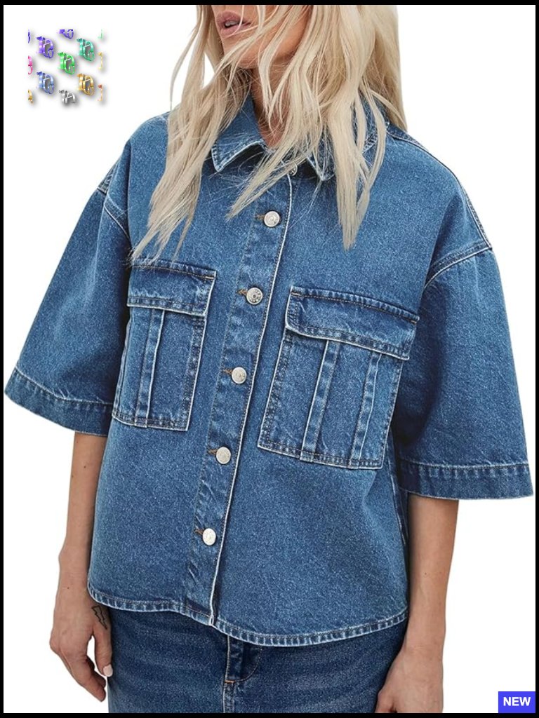 Vintage Washed Cropped Denim Jacket Short Sleeve Button Down Wide Lapel